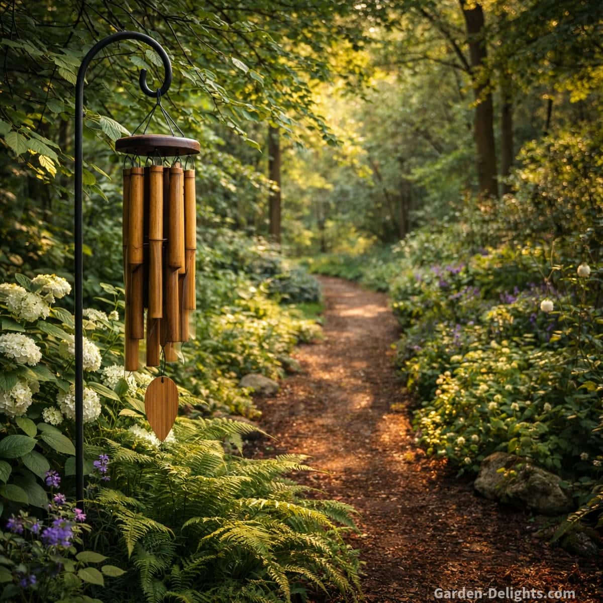 Bamboo wind chime near a shaded garden walkway with warm natural tone and calming airflow that supports grounding emotional balance in outdoor landscaping