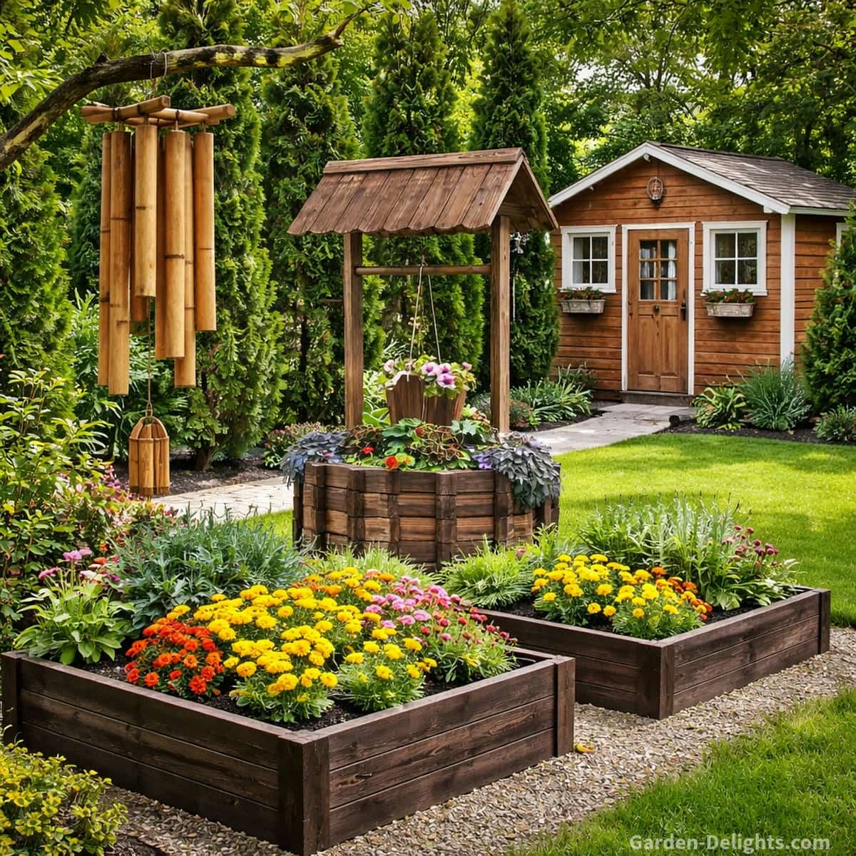 Bamboo wind chimes hanging near a rustic wooden wishing well above dark raised garden beds filled with marigolds and herbs in a peaceful landscaped yard with soft airflow and warm wooden tone