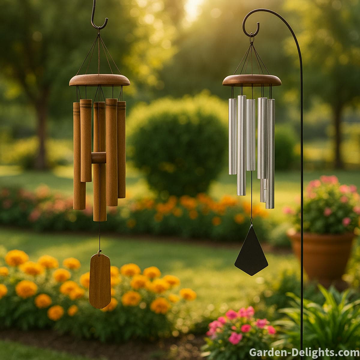 Aluminum and bamboo garden wind chimes placed over flowerbeds, planters, and landscaped areas with soft sunbeams, symbolizing tranquility, durability, and decorative outdoor harmony.