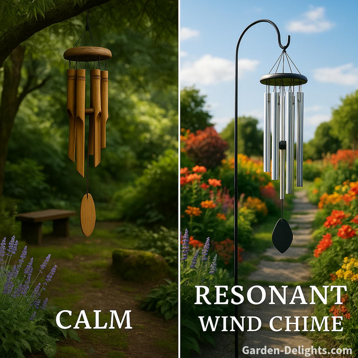 Side-by-side comparison of calm vs resonant wind chimes in garden settings bamboo wind chimes in a shaded Zen space with lavender and a bench, versus aluminum chimes in a bright flower-filled landscape with a stone path.
