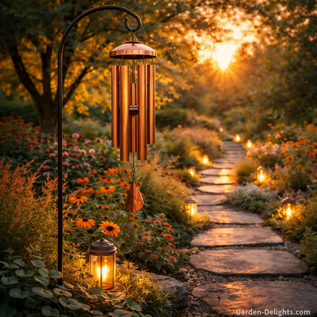 Copper garden wind chime glowing warmly along a landscaped pathway with soft airflow gentle tone natural patina and warm seasonal light that enriches outdoor ambience and decorative garden design.
