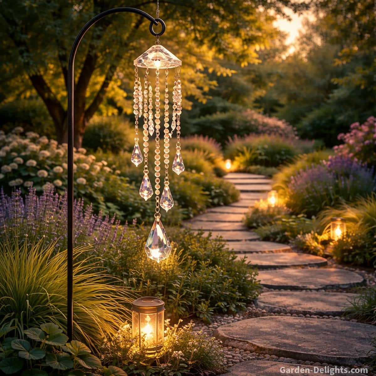 Crystal garden wind chime glowing with warm light beside a quiet garden path which supports Chi flow emotional grounding and peaceful outdoor balance