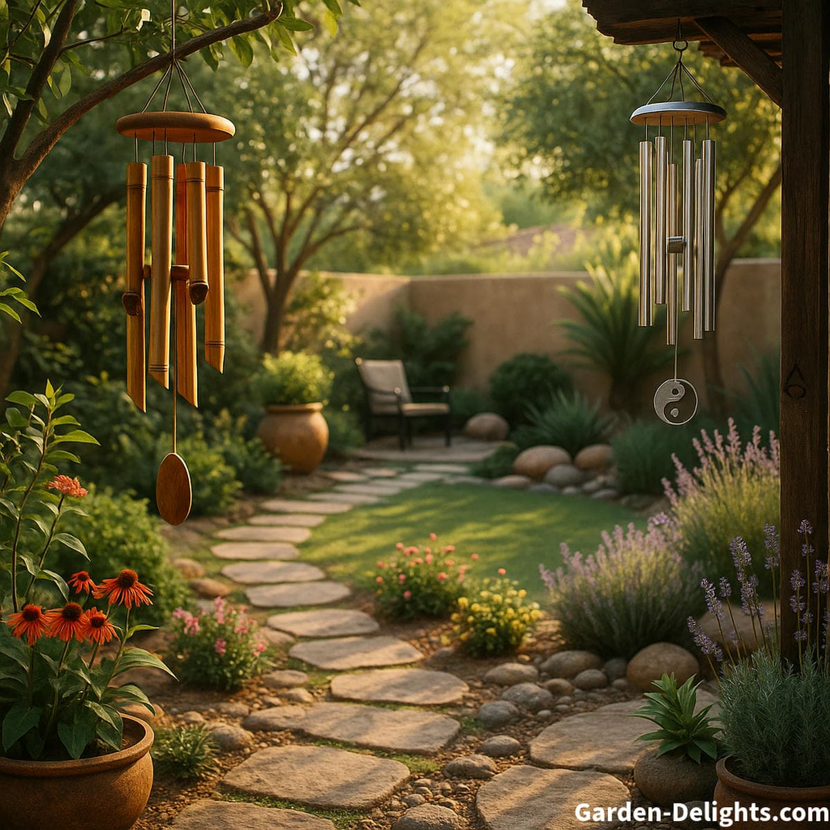 Backyard garden with bamboo and metal wind chimes for Feng Shui harmony, mindful landscaping, and emotional energy flow