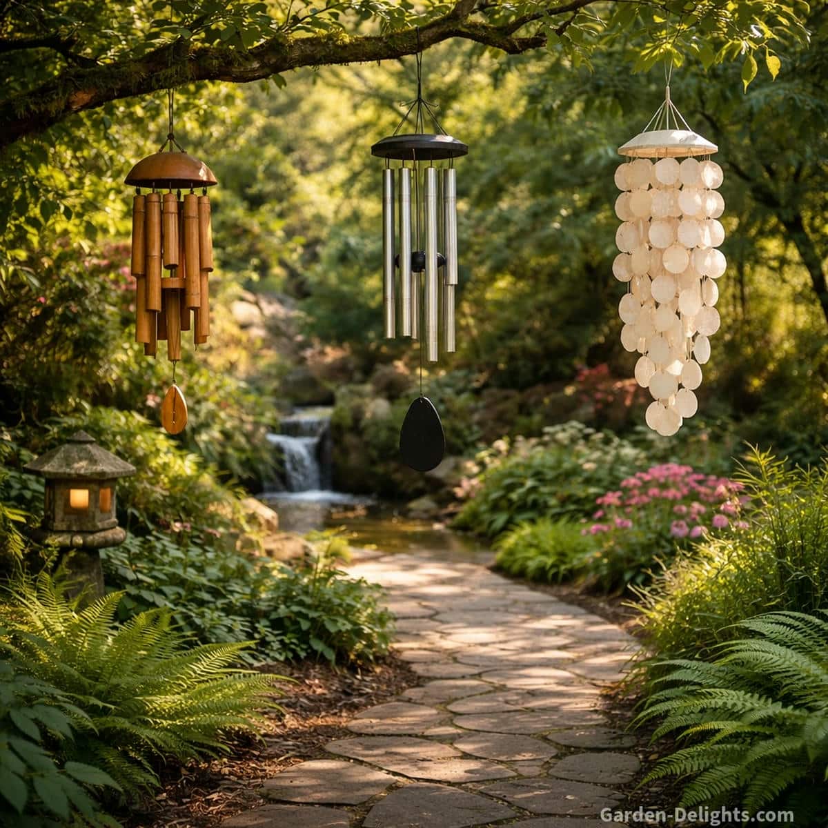 Wind chimes hanging at different heights along a garden pathway showing sound reach airflow movement and acoustic tuning across outdoor spaces