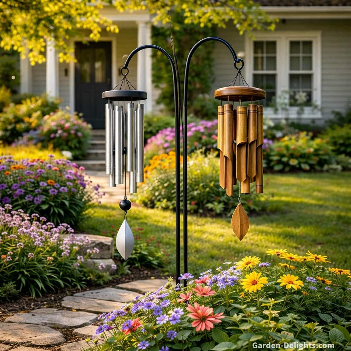 Aluminum and bamboo wind chimes hanging on shepherd’s hooks in a front yard garden filled with flowers showing how tone clarity airflow movement and garden microclimate shape sound behavior in outdoor spaces