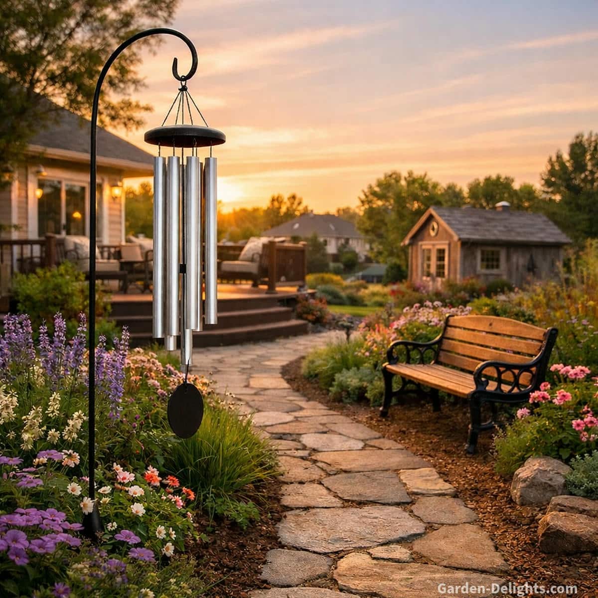 Aluminum wind chime hanging from a tall shepherd’s hook beside a sunset garden pathway with a wooden park bench, landscaped flowerbeds, a rustic garden shed and a suburban backyard deck creating calm airflow tone and outdoor harmony