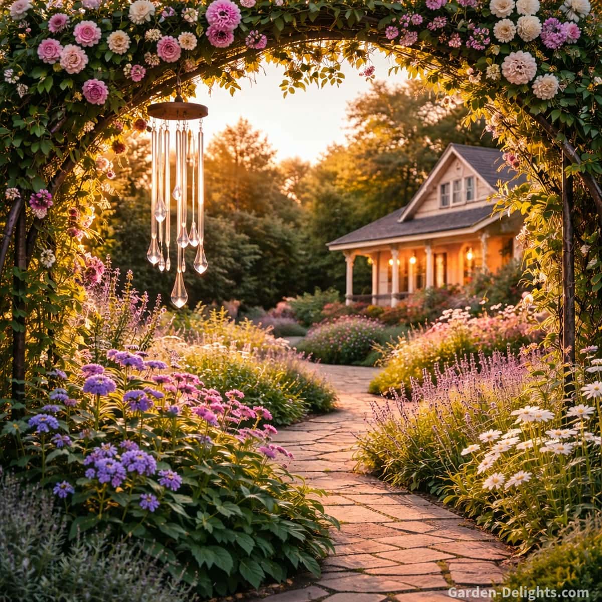 Crystal wind chimes hanging from a tall floral garden arbor along a warm golden hour pathway with smooth airflow guiding tone clarity soft resonance and emotional calm