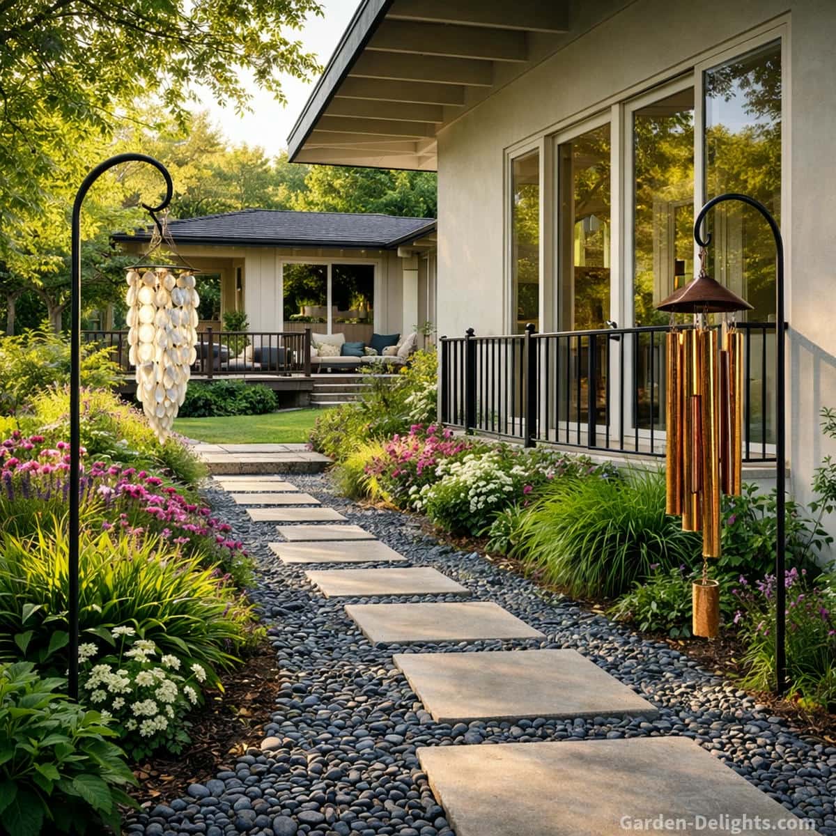 Capiz and hammered copper wind chimes along a stone garden walkway beside a home with a patio door and small Juliet balcony. A second backyard structure with a raised deck and outdoor furniture adds warm garden comfort as soft breeze movement shapes the gentle tone of each chime.