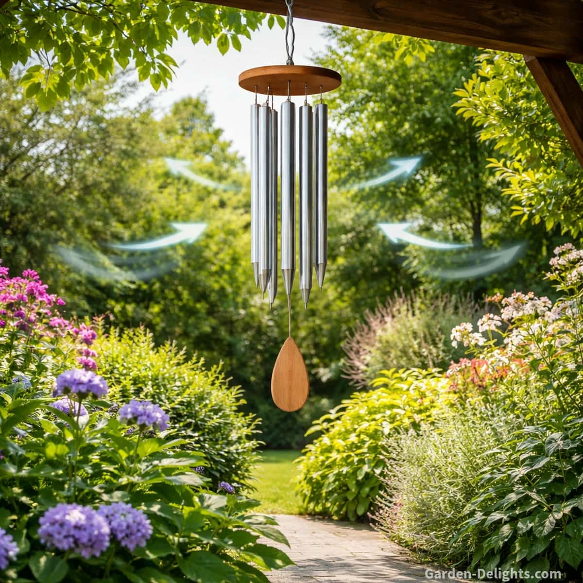 Wind chime placed at the correct height above garden foliage with clear airflow and open spacing to prevent muted tone dull movement and distorted sound in outdoor settings