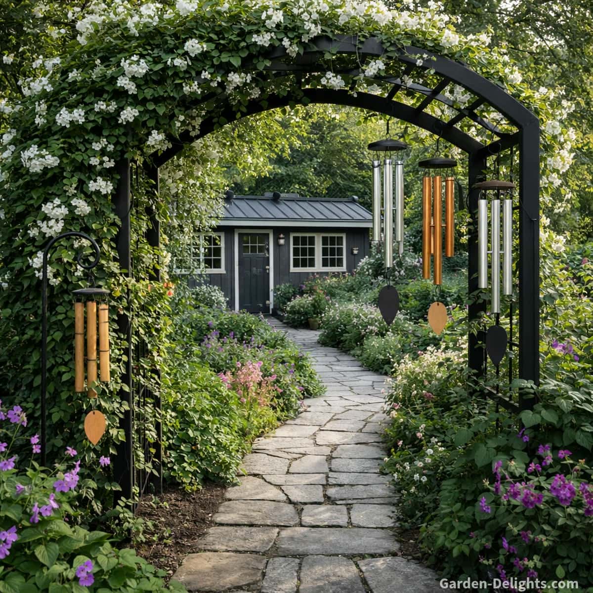 Aluminum copper and bamboo wind chimes displayed on a black garden archway with a stone walkway leading toward a dark grey garden shed with a black metal roof and white trim. One chime hangs from the arch overhang while another rests on a decorative shepherd’s hook among the plants showing airflow movement tonal clarity and outdoor garden harmony.