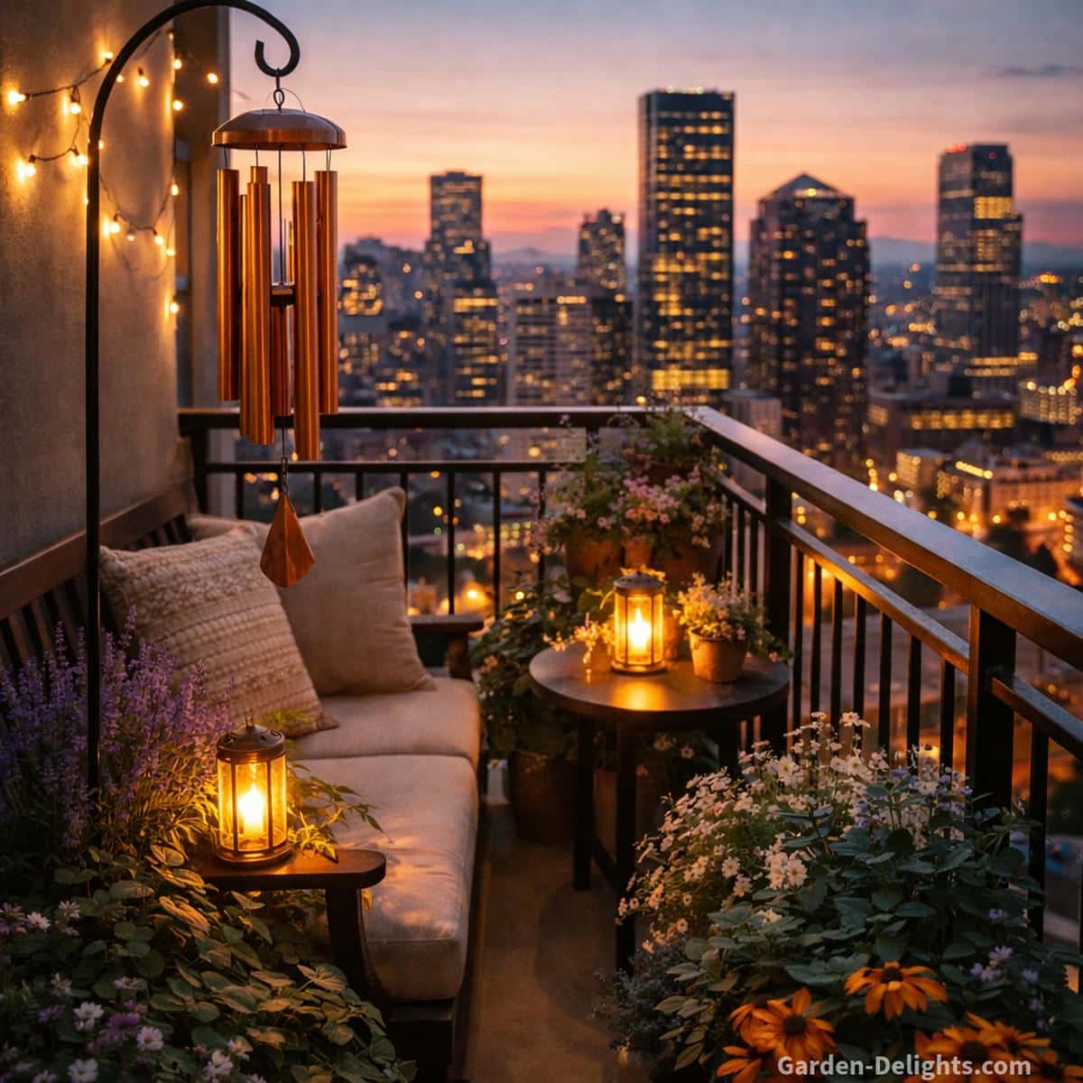 Garden wind chimes hanging on a compact city balcony with soft evening glow gentle airflow and calm tone that brings quiet outdoor harmony to small urban living spaces
