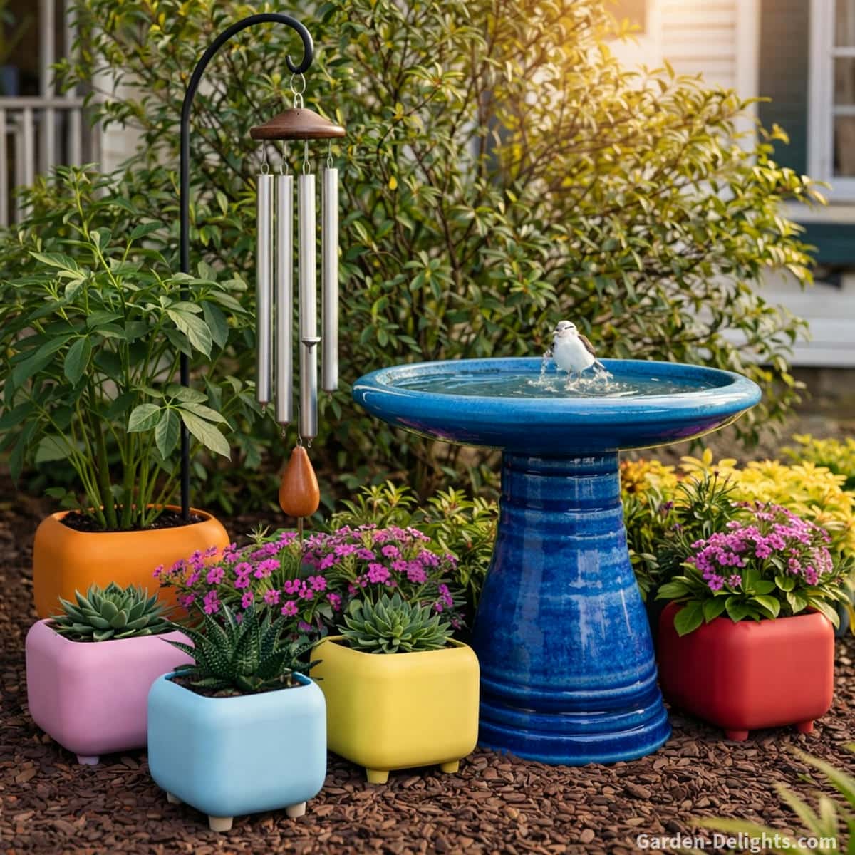 Aluminum garden wind chime beside a bright blue birdbath and colorful planters creating gentle morning sound, soft airflow movement and peaceful outdoor harmony in a small garden corner