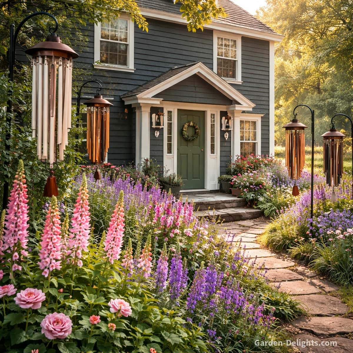 Aluminum copper bronze and steel wind chimes hanging from decorative hooks on a dark grey cottage with a green front door and white trim surrounded by a dense English garden filled with foxglove delphinium and morning light that creates warm tone airflow clarity and soothing outdoor harmony
