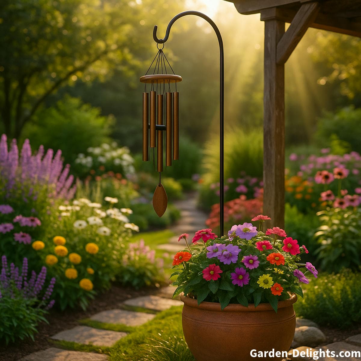 garden wind chimes above flower pots and pergola