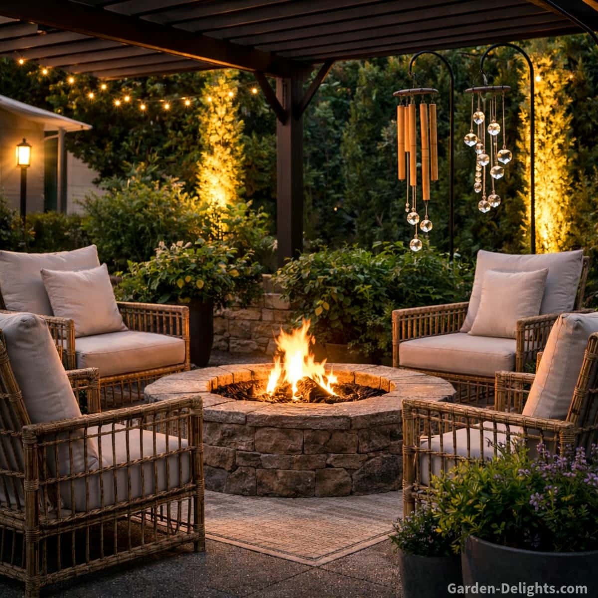 Bamboo and crystal wind chimes hanging from a pergola rafter beside a warm backyard fire pit with soft evening light gentle airflow cozy seating and peaceful outdoor ambience