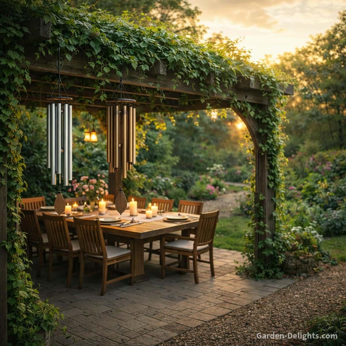 Aluminum and bronze wind chimes hanging near a vine covered pergola dining area with warm evening light and gentle airflow for calm tone clarity and outdoor garden harmony