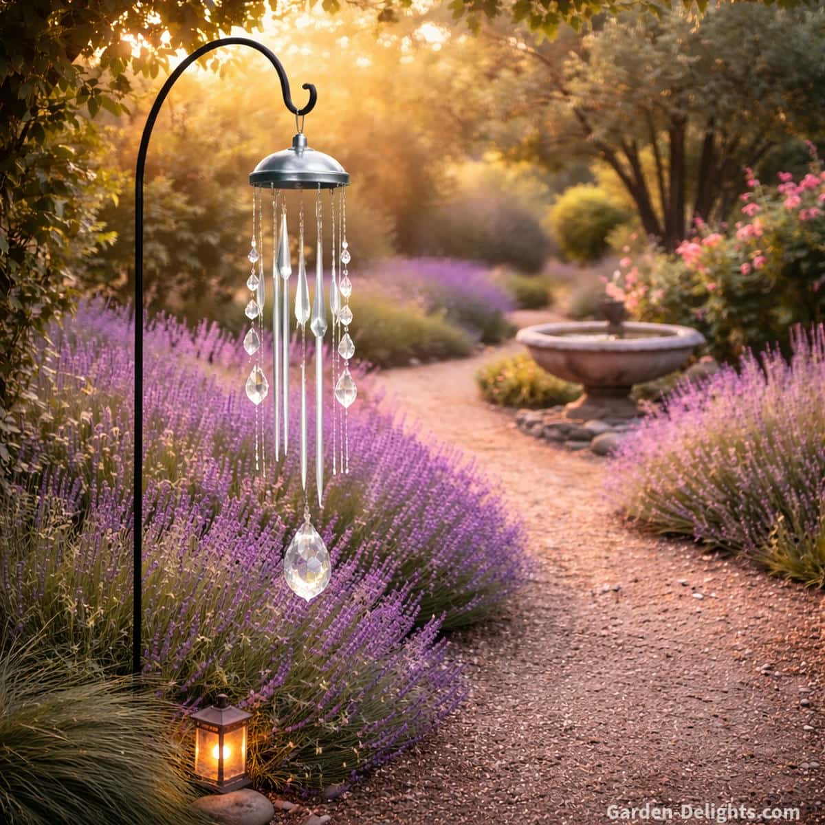 Crystal wind chime in a healing garden beside lavender rows and a soft pathway with warm light that supports grounding energy flow, emotional balance and mindful outdoor calm