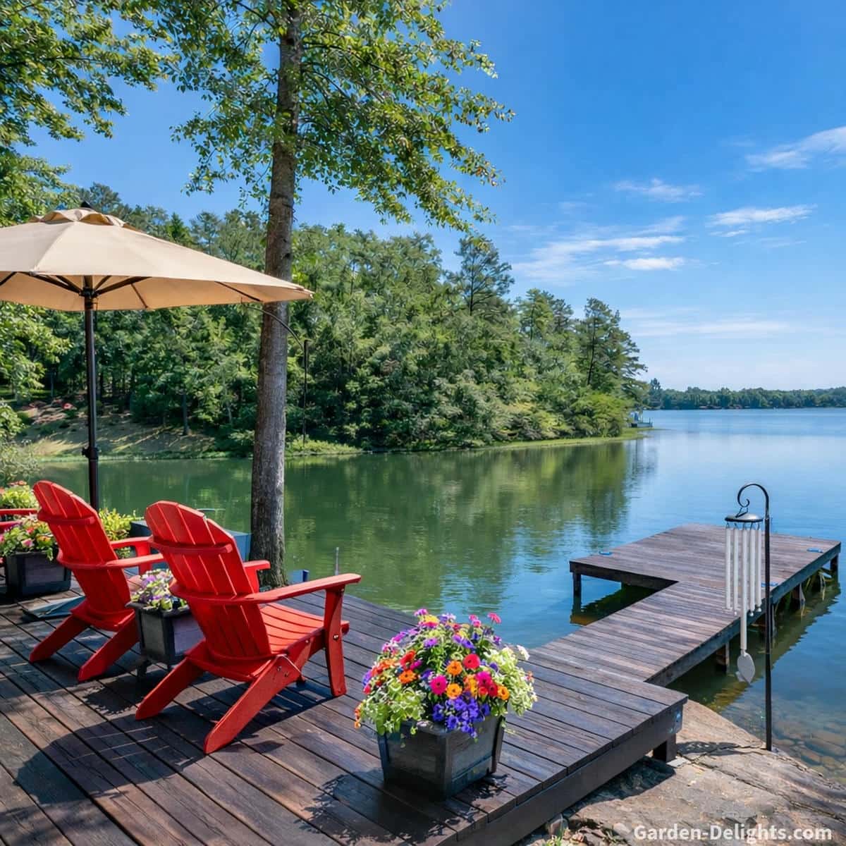 Long tuned aluminum wind chimes hanging at the edge of a dark stained lakefront deck with red Adirondack chairs colorful flower planters and bright midday sunlight reflecting across calm water for peaceful outdoor energy