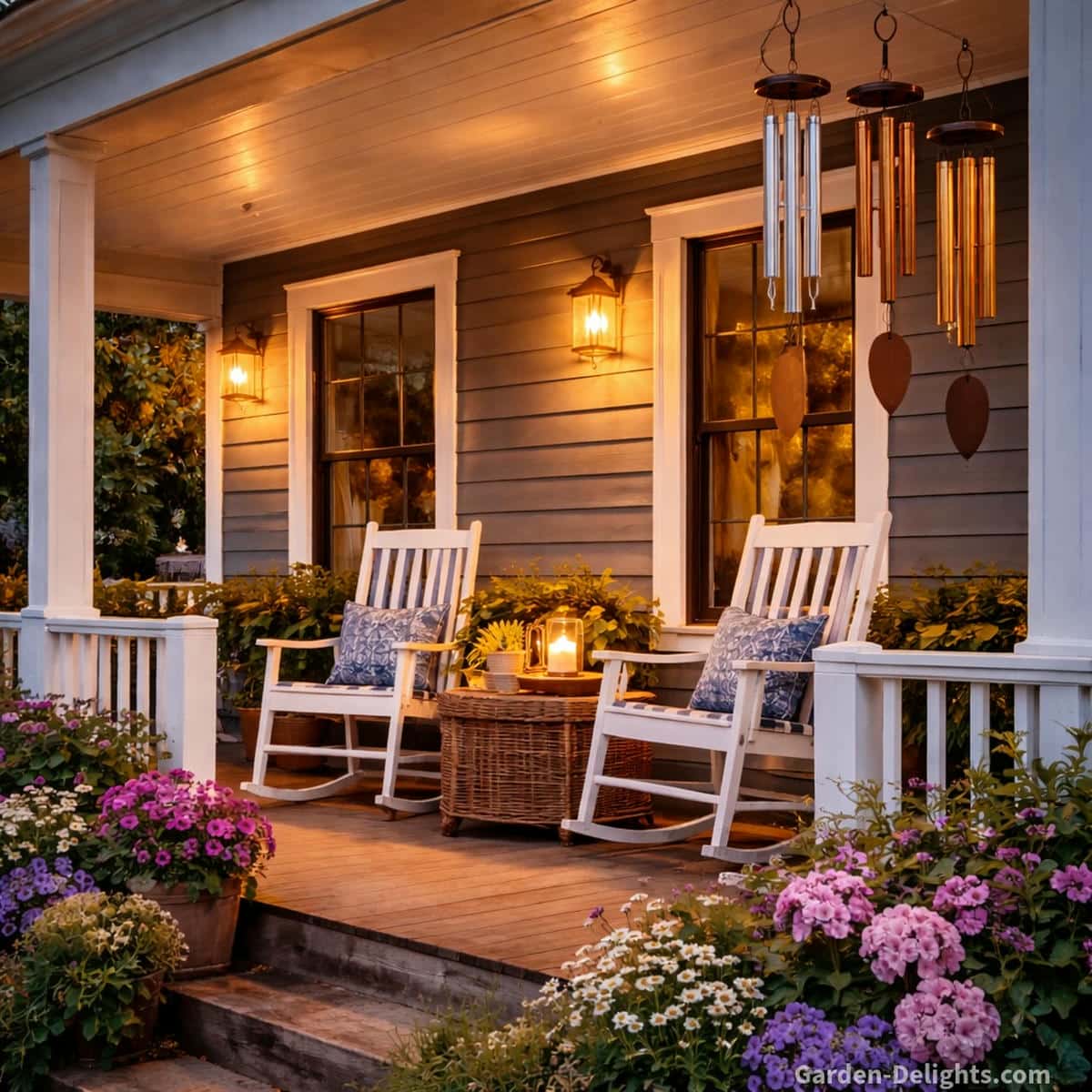 Aluminum copper and bronze wind chimes hanging on a country front porch with white trim rocking chairs overflowing garden planters and warm evening light softly moving through the space for calm tone clarity and outdoor harmony.