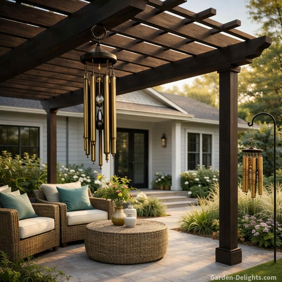 Bronze wind chime hanging beneath a dark wood pergola beside wicker patio seating with a shepherd's hook holding bamboo wind chimes in lush garden plants showing Feng Shui energy flow visual styling and balanced outdoor tone design