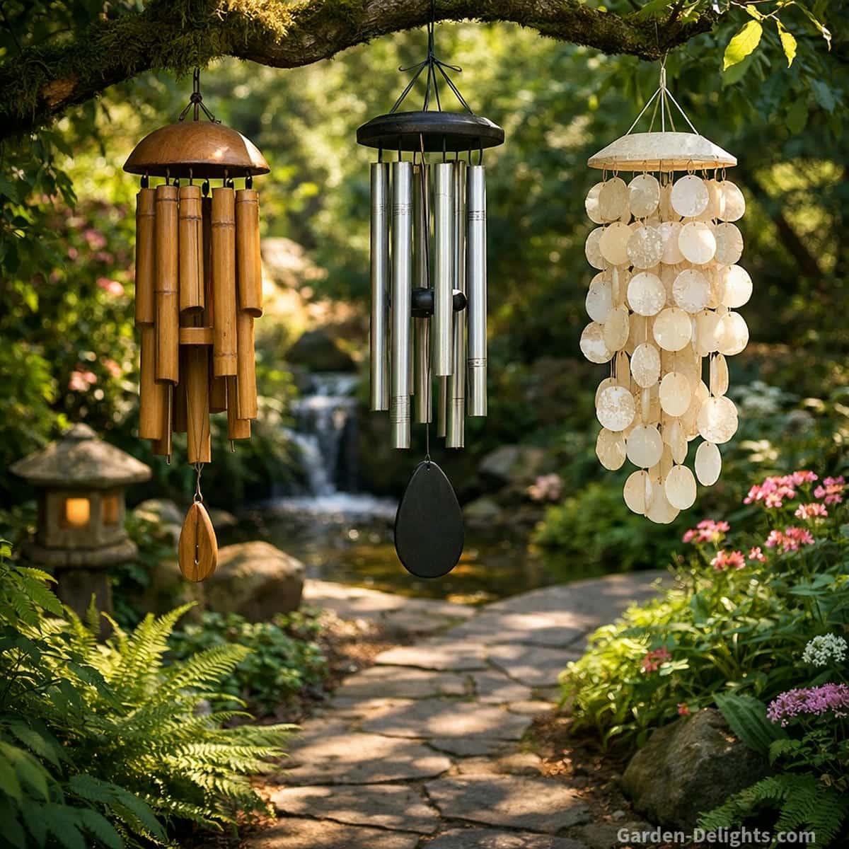 Quiet garden wind chimes in a soft shaded garden corner with bamboo metal and capiz tones blending with gentle airflow for calm outdoor harmony.
