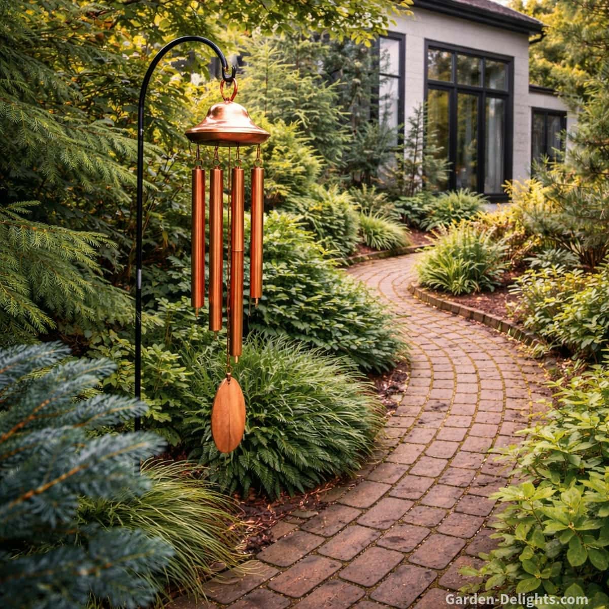 Copper wind chime on a tall shepherds hook nestled in lush garden vegetation beside a winding brick pathway with soft seasonal light and gentle airflow that supports emotional calm and natural outdoor harmony