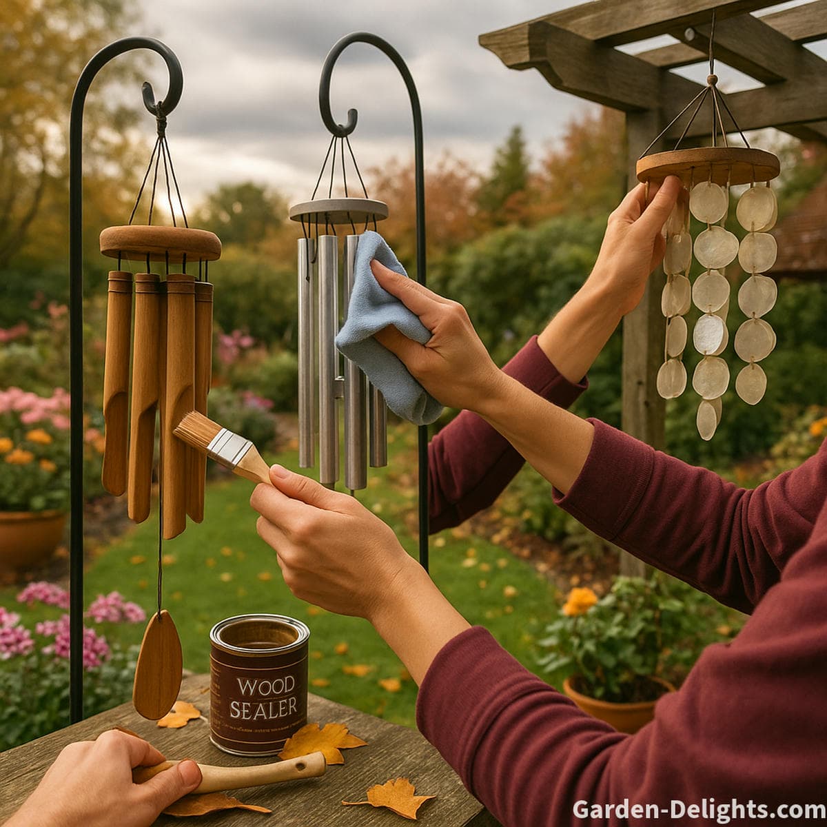 Hands applying wood sealant to bamboo wind chime and wiping aluminum chime in a seasonal garden setting.