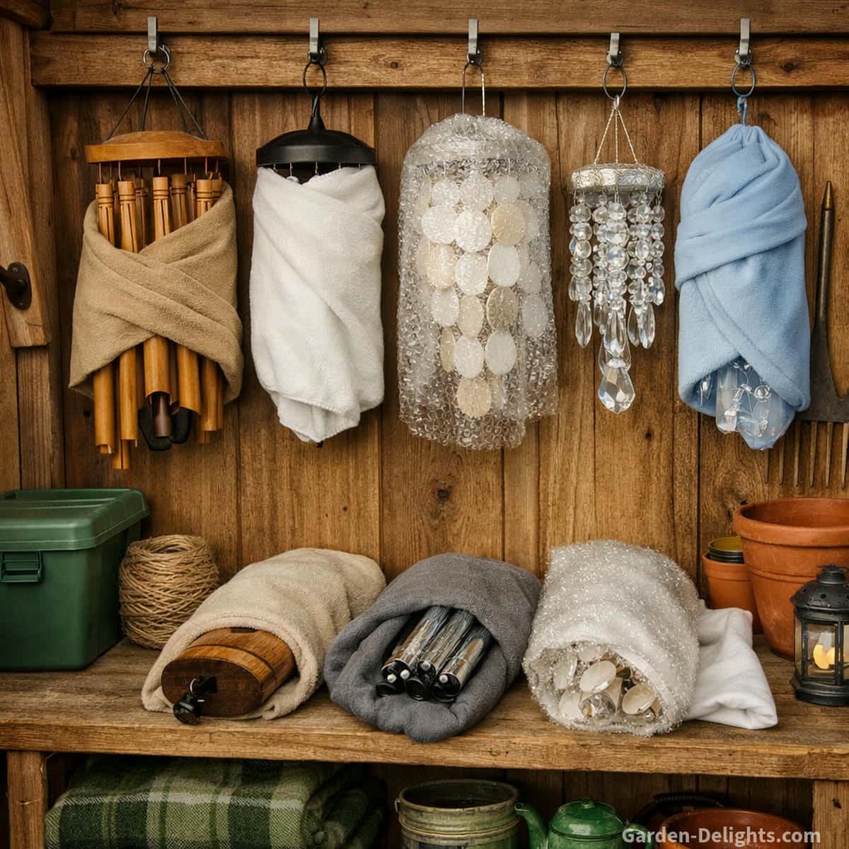 Outdoor wind chimes made of bamboo aluminum capiz and crystal being stored safely for winter in a garden shed with soft cloth wrapping and sheltered hooks.