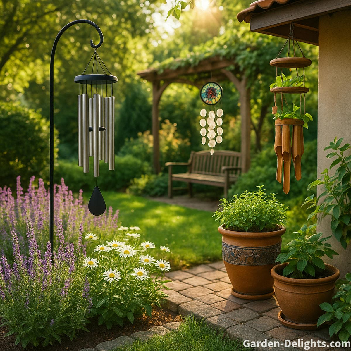 Wind chimes for garden flowerbeds, planters and pergolas shown in a lush backyard with bamboo, aluminum and stained glass chimes that sway in warm sunlight and gentle airflow to create soft melodic tone and peaceful outdoor harmony.