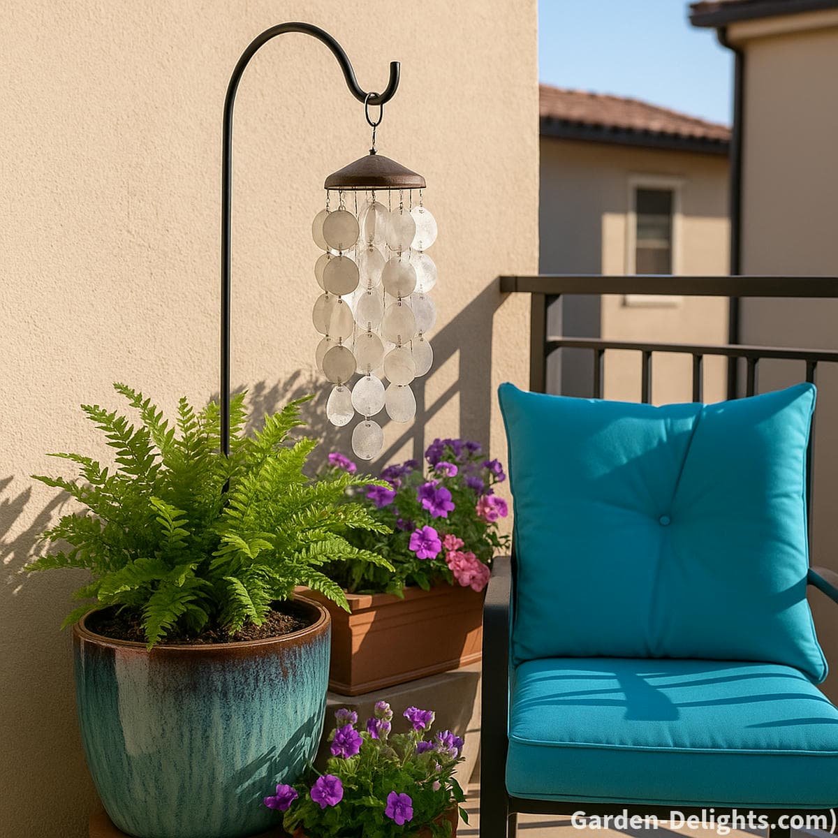 Urban balcony garden with bamboo and capiz wind chimes hanging from shepherd’s hooks in ceramic planters, styled for Feng Shui energy flow, small space harmony, and vertical soundscape decoration