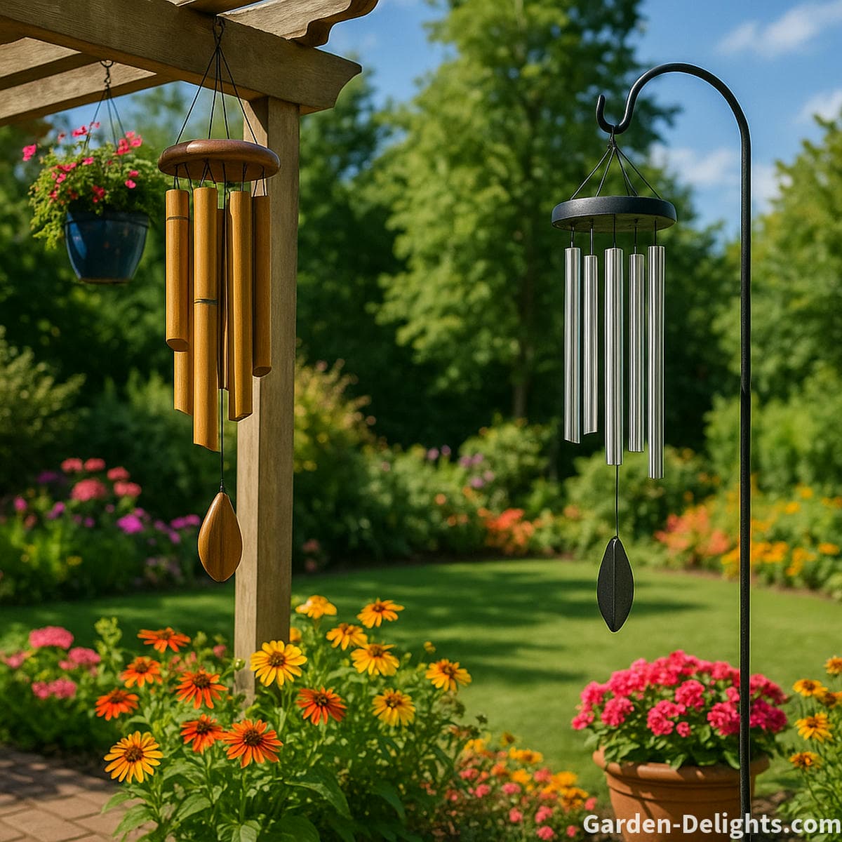 Bamboo wind chimes create soft, meditative tones in a shaded Zen garden, while aluminum chimes offer bold resonance in a bright landscape with colorful planters and pergola accents.
