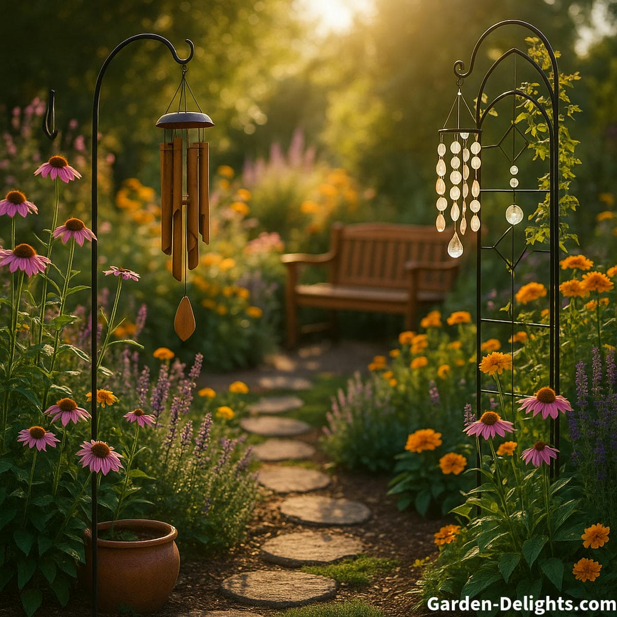 wind chimes over flower beds and planters