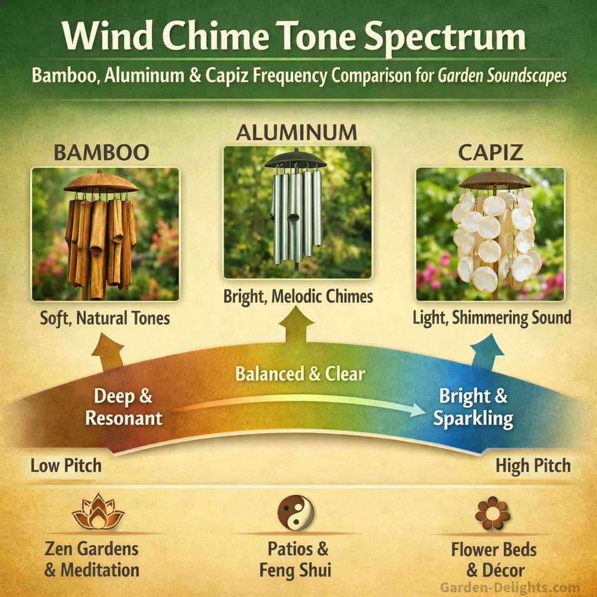 Infographic comparing bamboo, aluminum, and capiz wind chimes on a sound frequency and resonance spectrum showing tone depth clarity and pitch for healing gardens patios and Zen spaces