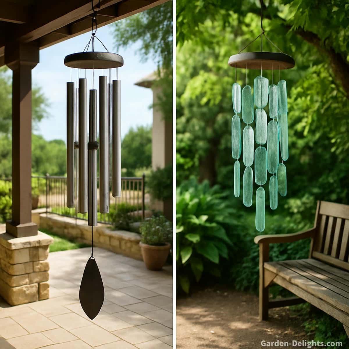 Glass and metal wind chimes displayed in their ideal outdoor locations metal in open patio airflow for bright resonance and glass in shaded garden seating for soft, calming tone.