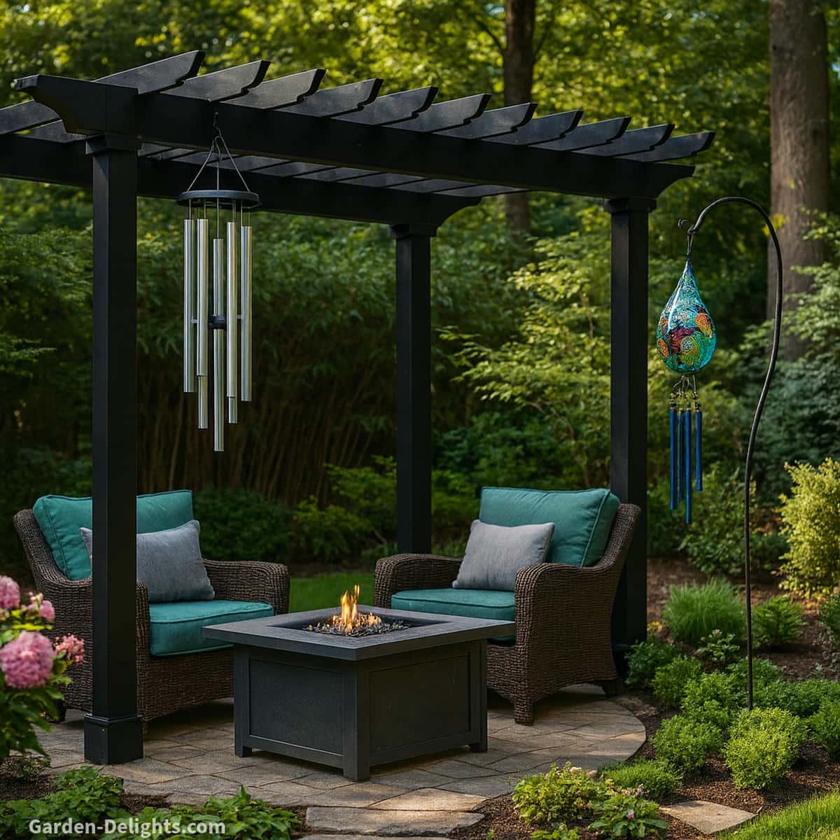 Photorealistic Feng Shui garden with a black pergola, wicker patio furniture, a fire table, metal wind chimes hanging from the pergola, and a colorful glass wind chime on a shepherd’s hook surrounded by lush vegetation.