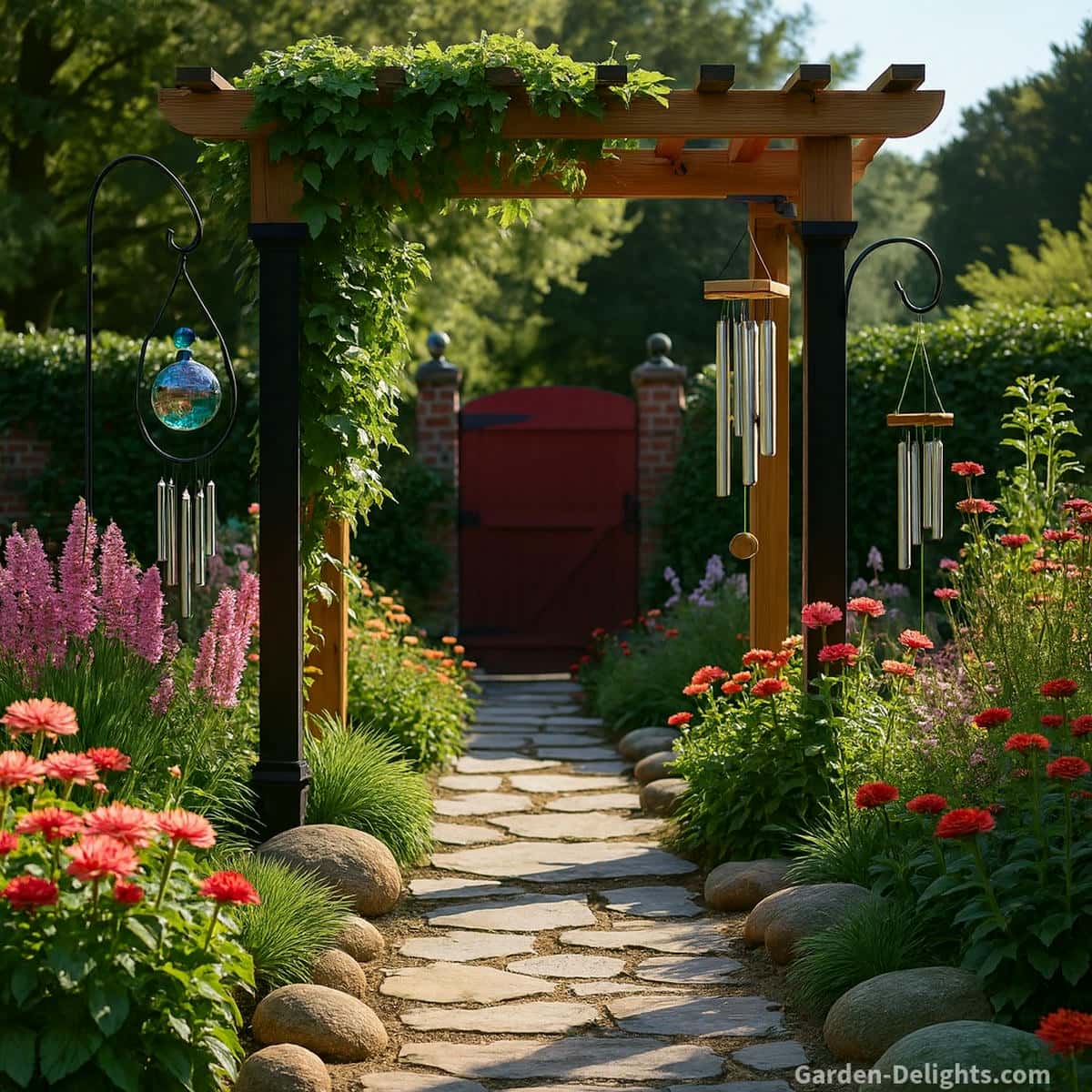 Photorealistic Feng Shui garden with black pergola posts, a red wooden gate, and glass and metal wind chimes hung along the right side showing reflective light, soft airflow, balanced Chi flow, and emotional harmony along a stone garden path