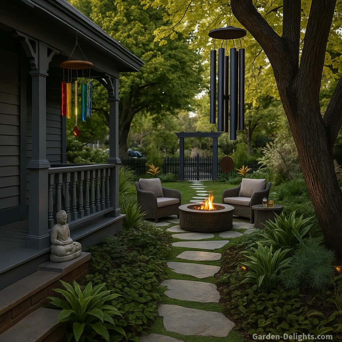 Glass wind chimes hanging from a grey-painted porch roof near a small Buddha statue, with metal wind chimes suspended from a mature tree beside a warm fire pit and wicker patio seating creating a serene Feng Shui garden with reflective light, resonant tones, and balanced evening Chi flow.