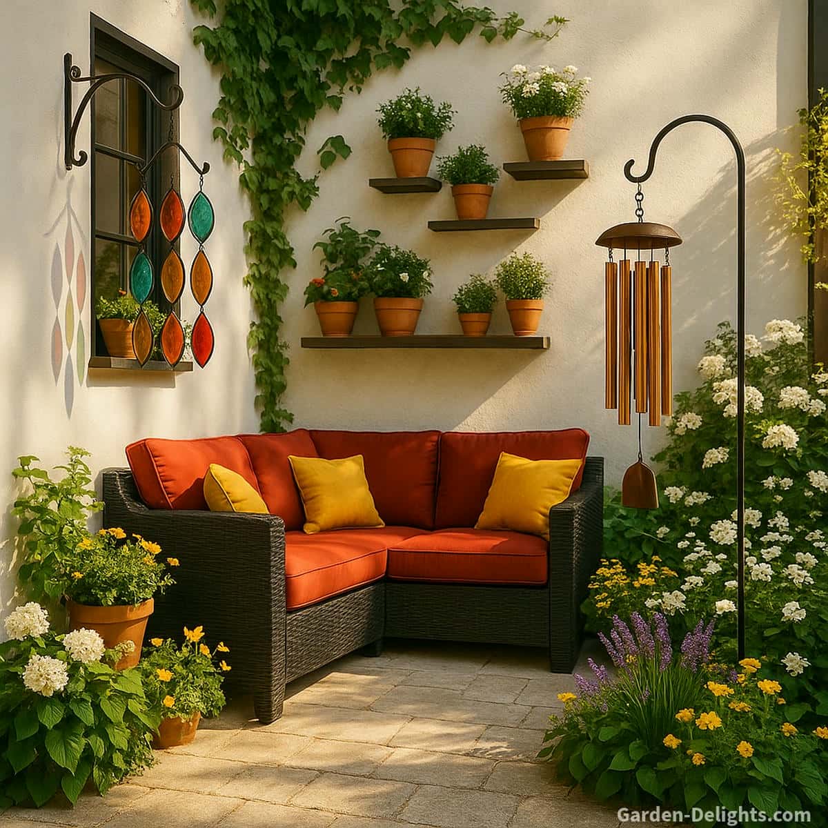 Feng Shui patio sanctuary with hammered copper wind chimes on a decorative wall hook and colorful stained-glass wind chimes hanging from a mounted bracket, surrounded by thriving plants, warm sunlight, and soft reflective energy for emotional harmony and balanced Chi flow