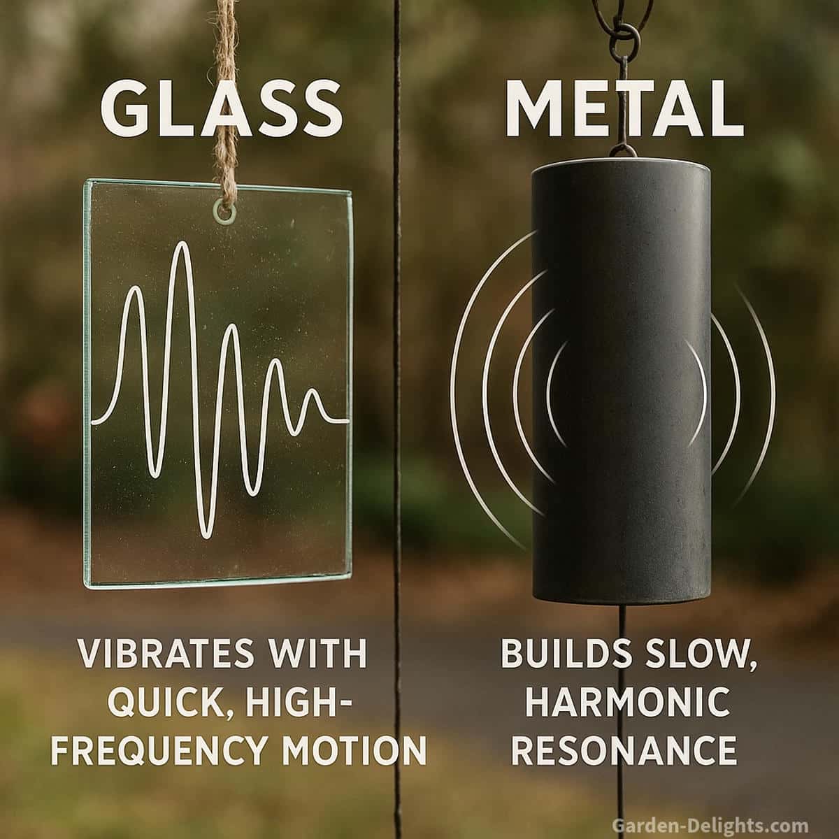 Close-up of glass and metal wind chimes showing panel vibration in glass and harmonic tube resonance in metal, symbolizing airflow movement, tone clarity, sustain, and acoustic energy differences