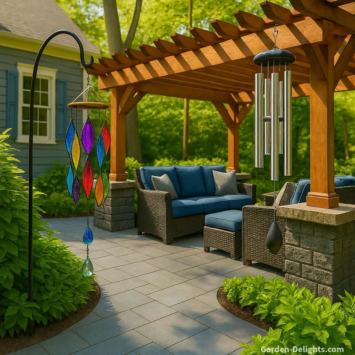 Glass and metal wind chimes hanging under a wooden pergola on a bright garden patio with blue outdoor seating showing durability, weather behavior, and climate performance in sunlit outdoor spaces