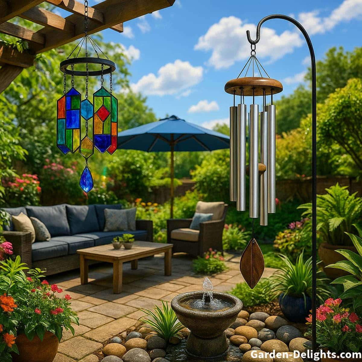 Glass and metal wind chimes in a colorful garden patio with bright shimmering reflections and warm resonant notes that create a balanced soundscape and gentle Feng Shui energy.