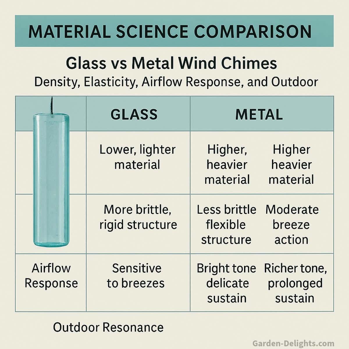 Material science comparison of glass and metal wind chimes showing density, elasticity, airflow response, harmonic energy storage, and outdoor tone behavior across both materials.
