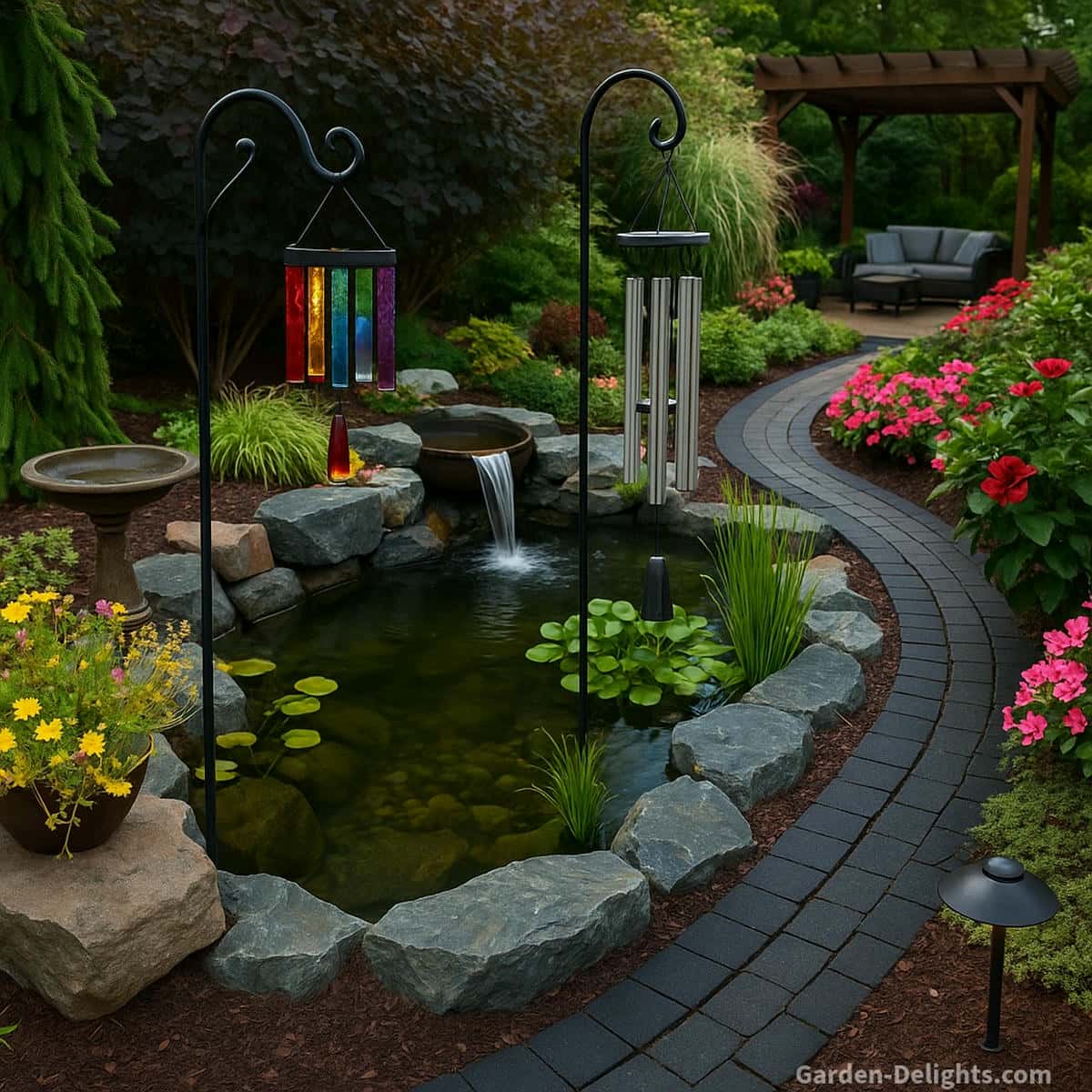 Glass wind chimes glowing with prismatic color beside a single-waterfall garden pond, with metal wind chimes placed along a curved black-brick pathway near a rustic birdbath and a pergola lounge area showing contrast in tone clarity, visual warmth, and Feng Shui flow in a lush backyard sanctuary.