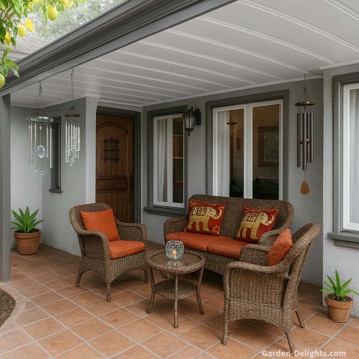 Glass wind chimes hanging under the white-roof grey porch beside wicker seating, protected from rain, while metal wind chimes hang farther out in open airflow for stronger resonance and year-round durability.