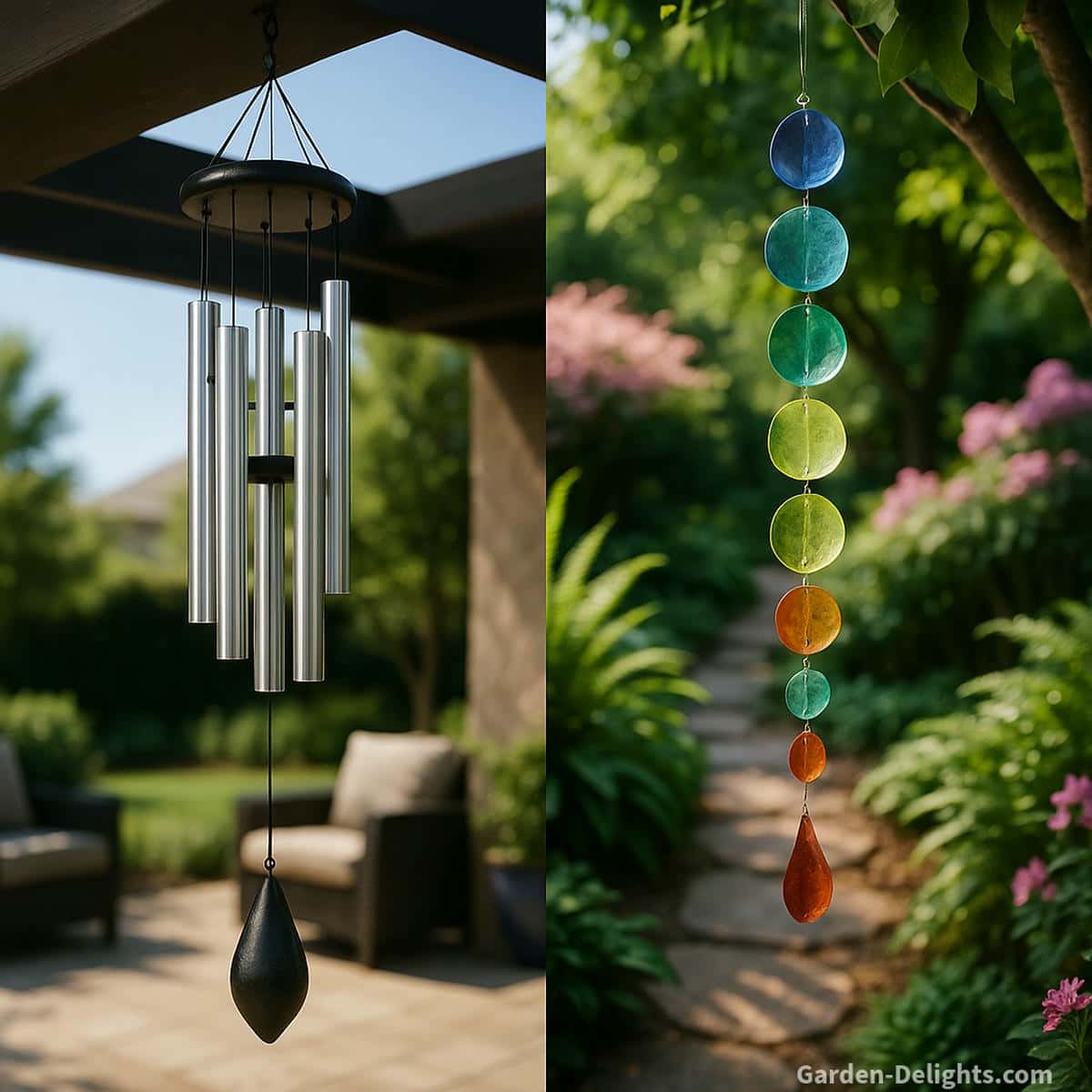 Glass and metal wind chimes hanging in contrasting outdoor spaces metal catching steady patio airflow for bright resonance and glass glowing softly in a shaded garden for gentle melodic tone.