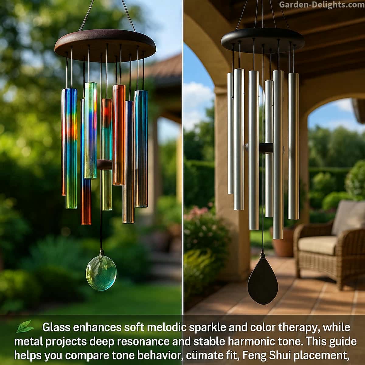 Metal wind chimes resonating in a breezy open patio beside glass chimes shimmering with prismatic color, showing airflow, climate durability, and light interaction across both materials.