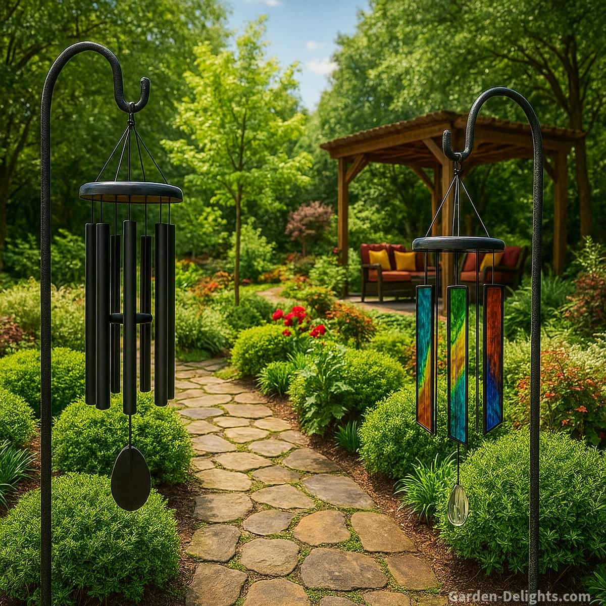 Glass and metal wind chimes displayed along a lush garden pathway, with metal chimes catching bright airflow and stained-glass chimes glowing in softer shade showing sound clarity, durability, and Feng Shui outdoor balance.