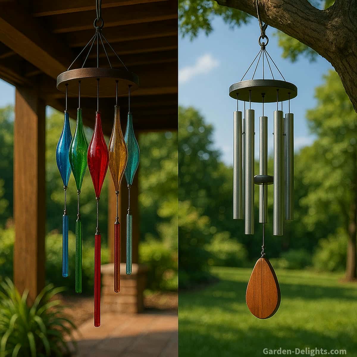 Colorful stained-glass wind chimes and brushed-metal wind chimes hanging outdoors capturing airflow, contrasting tones, and a peaceful garden patio soundscape.