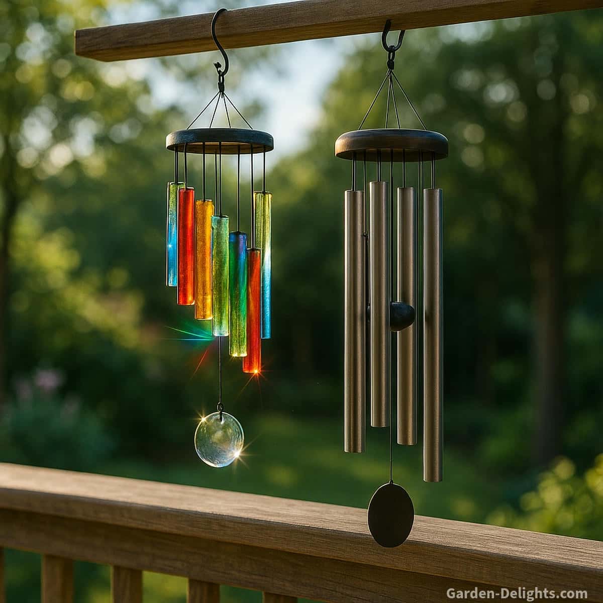 Glass and metal wind chimes set on a porch railing for testing glass catching prismatic light, metal resonating with deep tone as airflow passes, showing how to compare sound, light, and airflow before buying.