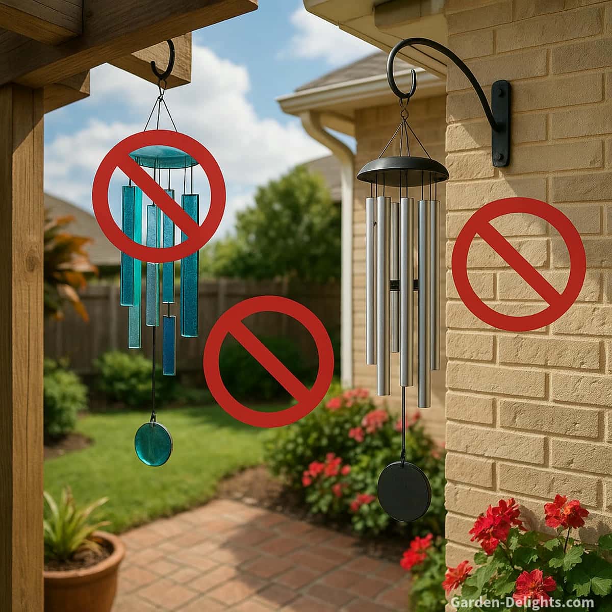 Glass and metal wind chimes shown hanging in risky outdoor locations such as high-wind corners, harsh sun zones, and echo-heavy walls illustrating the common placement mistakes to avoid.